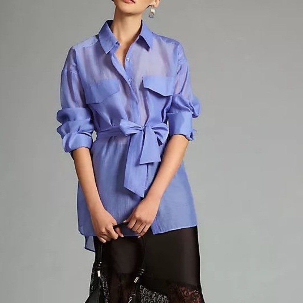 Anthropologie ENGLISH FACTORY Blue‎ Sheer Button Down Belted Shirt Medium Petite